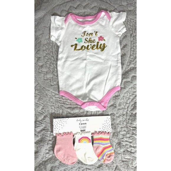 Hudson Bay Other - HB Hudson Bay Baby Girl One Piece 100% Cotton with Assorted Socks 9-12 Mos Pink